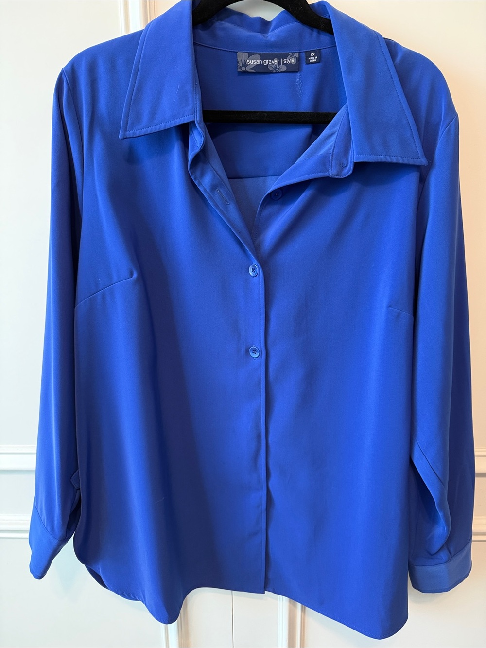 Susan Graver Bold Royal Blue Button-Front Blouse